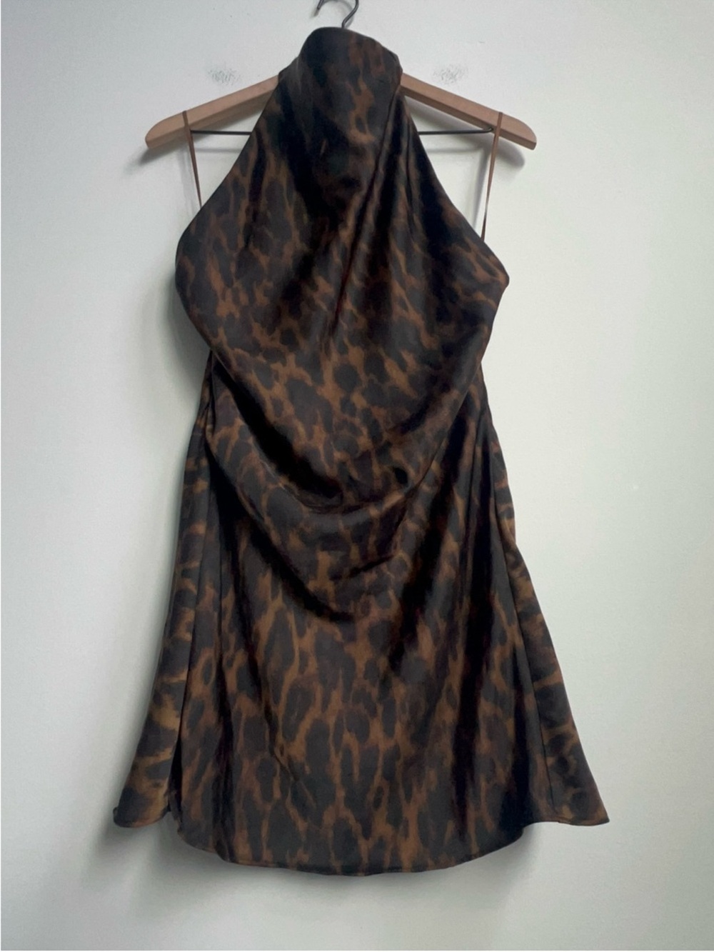 Aritzia Ten Audience Satin Mini Halter Dress 6 Animal Leopard Print Cello Brown - Picture 2 of 5
